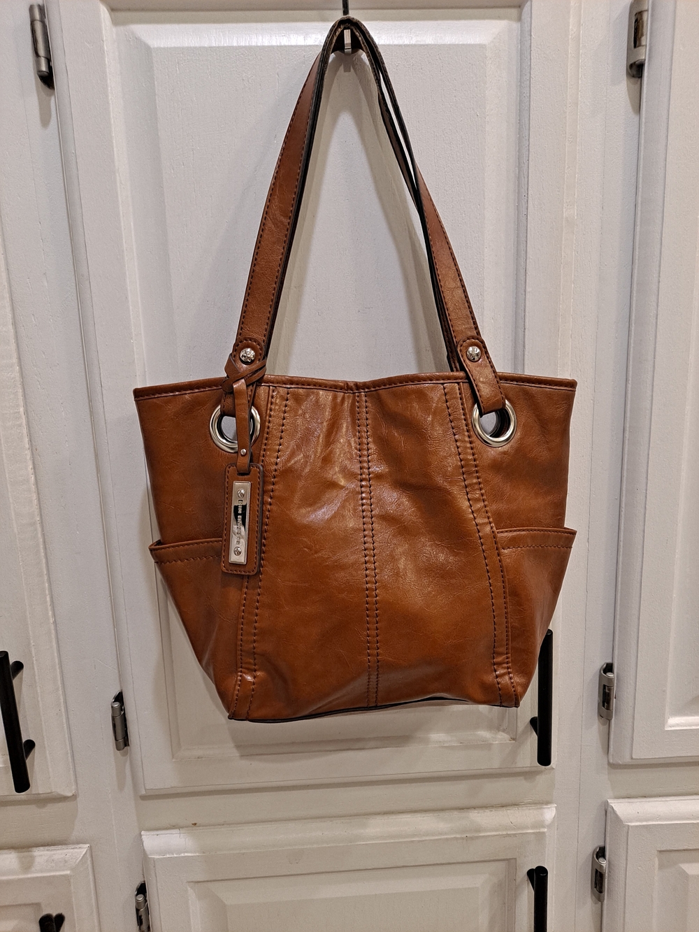 Kim Rogers Chic Caramel Brown Vegan Leather Shoulder Tote Bag Silver Hardware